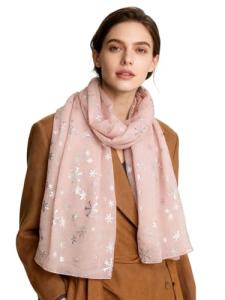 ANKOMINA Women Girls Silver Glitter Shimmer Sparkle Foil Snowflake Print Christmas Scarf Soft Silk Sheer Shawl Wraps