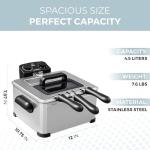 Alpha Living Electric Deep Fryer – 4.5L Deep Fryer with Basket with 2-Quart and 4-Quart Baskets – High-Grade Stainless Steel – Temperature Control and Timer – Ideal for Fried Chicken, Fries