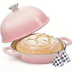 Cast Iron Dutch Oven Pot with Lid, Round Bread Oven for Sourdough Bread Baking, Umite Chef Enameled Cast Iron Bread Oven with Dome Lid & Cotton Potholders for Sourdough, Pink, 6 Quarts