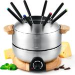 Sanenchue Fondue Pot, 6-Cup Electric Fondue Pot Set for Cheese & Chocolate, 8 Color-Coded Forks, Temperature Control, Stainless Steel Pot Set, Solid Wood Base and Handle, FD-24