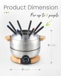 Sanenchue Fondue Pot, 6-Cup Electric Fondue Pot Set for Cheese & Chocolate, 8 Color-Coded Forks, Temperature Control, Stainless Steel Pot Set, Solid Wood Base and Handle, FD-24