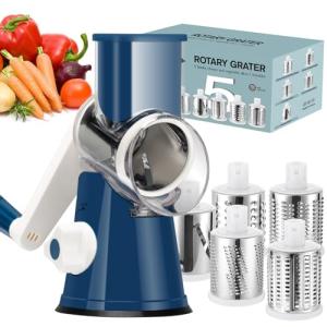 Ourokhome Rotary Cheese Grater Hand Crank, Kitchen Shredder Speed Mandolin Slicer Ice Shaver with Handle and Drum Blades for Cheese, Vegetable, Nuts, Chocolate, Potato, Carrot, 5 Blades, Dark Blue