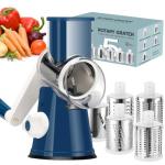 Ourokhome Rotary Cheese Grater Hand Crank, Kitchen Shredder Speed Mandolin Slicer Ice Shaver with Handle and Drum Blades for Cheese, Vegetable, Nuts, Chocolate, Potato, Carrot, 5 Blades, Dark Blue