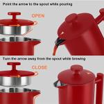 Secura French Press Coffee Maker, Double-Wall 304 Grade Stainless Steel Coffee Press with 2 Extra Screens, 34oz (1L), Red