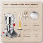 Moongiantgo 700g Grain Mill Grinder Commercial Spice Grinder 2500W Stainless Steel Electric Pulverizer Dry Grinding Machine for Wheat Corn Rice Pepper Herbs Coffee Beans (700g Swing, 110V)