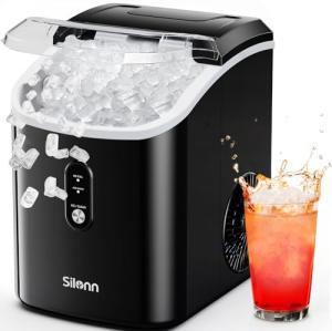Silonn Nugget Ice Makers Countertop, Chewable Pellet Ice Machine with Self Cleaning Function, Portable Pebble Ice Maker with Ice Scoop for Home Kitchen Office, Black