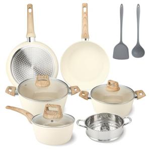 Ray Bear 11Pcs Nonstick Cookware Set, Aluminum Nonstick Pots and Pans with Lids & Wooden Handles, Silicone Spoons & Spatulas, Non-toxic Healthy Kitchen Cooking Sets, PFAS & PFOA Free