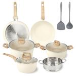 Ray Bear 11Pcs Nonstick Cookware Set, Aluminum Nonstick Pots and Pans with Lids & Wooden Handles, Silicone Spoons & Spatulas, Non-toxic Healthy Kitchen Cooking Sets, PFAS & PFOA Free