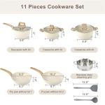 Ray Bear 11Pcs Nonstick Cookware Set, Aluminum Nonstick Pots and Pans with Lids & Wooden Handles, Silicone Spoons & Spatulas, Non-toxic Healthy Kitchen Cooking Sets, PFAS & PFOA Free
