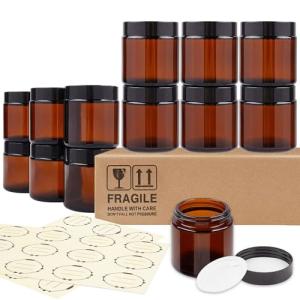 4 Oz Amber Glass Jars with Black Lids - 12 Pack