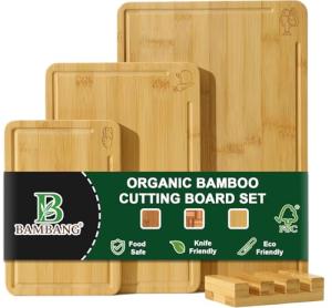 BAMBANG Bamboo Cutting Board Set, 3-Piece Wooden Chopping Boards for Kitchen, Non-Toxic Butcher Block with Juice Groove, Large Medium Small Cutting Boards for Meat, Vegetables & Cheese