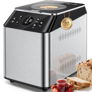 KBS 3LB Programmable Bread Maker,20-in-1 Automatic Bread Machine with Ceramic Pan & Fruit Dispenser, 850W Dual Heaters Bread Maker Machine with Quiet Brushless Motor,Stainless Steel,15H Timer,3 Colors