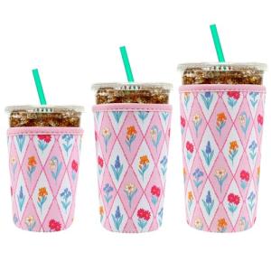 YR Reusable Neoprene Insulator Sleeve for Iced Coffee Cups, 3 Pack Coffee Coolies sleeves for Iced & Hot Drinks, Cold Beverage Cooler Compatible with Starbucks Coffee and More (Diamond Flower)