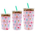 YR Reusable Neoprene Insulator Sleeve for Iced Coffee Cups, 3 Pack Coffee Coolies sleeves for Iced & Hot Drinks, Cold Beverage Cooler Compatible with Starbucks Coffee and More (Diamond Flower)