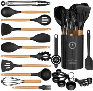Silicone Utensils Set with Wooden Handles - Black