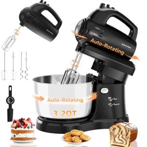 Stand Mixer Hand Mixer Kitchen Electric - 2-IN-1 3.2 QT Auto-Rotating Bowl & Beater Tilt-Head Small Standing Mixer, 250 Watt 5-Speed with Turbo Boost Household Mixer with Beaters & Dough Hooks