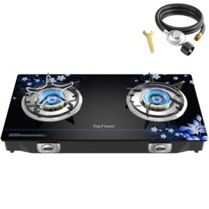 TopFleme 2 Burner Propane Stove 27,200 BTU High-Efficiency Tempered Glass Auto-Ignition Gas Burner Stove Top with CSA Hose for Outdoor RV Camping Emergency Cooking