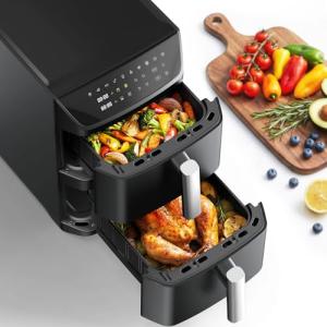 Dual Basket Air Fryer, 12.6QT Family-Size for 10–12 People, XL Basket for 6LB Whole Chicken, DoubleStack Compact Design, 10-in-1 Functions with Reheat, Dehydrate & SyncFinish, Dishwasher-Safe, Black