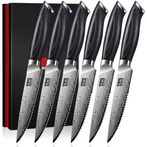 SHAN ZU Steak Knives Set of 6, Ultra Sharp 4.5 Inch High Hardness Powder Steel Steak Knife Set, Serrated Steak Knives with Ergonomic Pakkawood Handle Japanese Knives for Steak, Bread and Butter