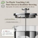 Veken French Press Coffee Maker 34oz 1 L, No Plastic Touching Cafe, Heat Resistant Thickened Borosilicate Glass, Stainless Steel Brewer, Cold Brew Cafetera Teapot for Kitchen Travel Camping, Silver