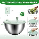 Stainless Steel Salad Spinner 3-in-1, One-Touch Stop and Non-Slip Base, Vegetable Dryer for Kitchens, Parties, and Health-Conscious People, 5.3 Qt
