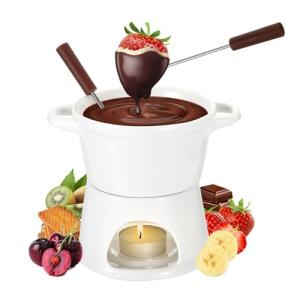 Ceramic Fondue Set with 2 Forks, Premium Tea Light Porcelain Melting Pot for Cheese, Chocolate and Caramel - White