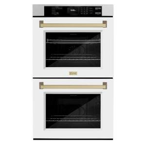 ZLINE 30 in. Autograph Edition Professional True Convection Double Wall Oven with Air Fry and Self Clean in Satin Stainless Steel with White Matte Doors and Champagne Bronze Handles (WADSZ-WM-30-CB)