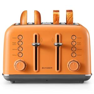 BUYDEEM DT640 4-Slice Toaster, Extra Wide Slots, Retro Stainless Steel with High Lift Lever, Bagel and Muffin Function, Removal Crumb Tray, 7-Shade Settings,Orange