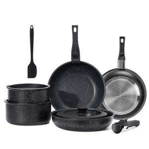 Sweetcrispy 12 pcs Pots and Pans Set, Nonstick Kitchen Induction Cookware Suit with Detachable Handle, Dishwasher Oven Safe, Black