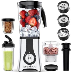 Greatogo 13-Piece Blender and Food Processor Combo, 4-in-1 Kitchen System, 4 BPA-Free Tritan Cups (42oz/24oz/17oz/10oz), Meat Chopper, Grinder Smoothies, Shakes, Baby Food, Silver, Ideal Gift