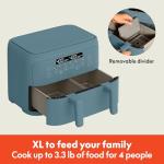 bella 4 Qt TriZone Air Fryer, EverGood™ Ceramic Nonstick Coating, Dual Basket Design w Removable Divider, Digital Touchscreen Control w 6 Preset Cooking Options, 1200 Watt, 3lb Capacity, Surf