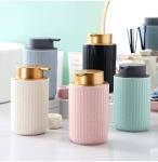 Countertop Soap Dispensers, Refillable Pump Bottle Soap Dispenser for Kitchen Sink, Refillable Hand Sanitizer Dispenser Simple Pattern Ceramics with Golden Pump Head Lotion Dispensers(Beige)