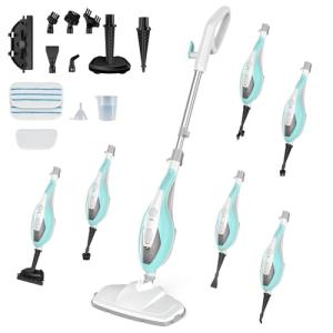 OLIXIS 10-in-1 Steam Mop, 1550W Detachable Handheld Steam Cleaner for Floor Cleaning, 16FT Cord, 2 Washable Pads, Multi-Purpose Floor Steamer for Hardwood, Carpet, Tile, Grout, Windows, White Green