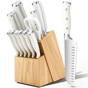 Knife Set, 15 Piece Premium Chef High Carbon Stainless Steel Kitchen Knife Block Set, Razor-sharp, Ergonomic Forged Triple Rivet Handle, Professional Knife Set for Kitchen, Dishwasher Safe(White)