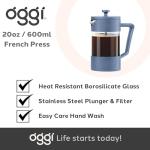 Oggi Borosilicate Glass French Press Coffee Maker (20oz)- 5 Cup Capacity, Coffee Press, Single Serve Coffee Maker, Stainless Steel Lid & Plunger, Make Great Coffee Gifts, Blue