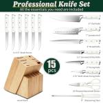 Knife Set, 15 Piece Premium Chef High Carbon Stainless Steel Kitchen Knife Block Set, Razor-sharp, Ergonomic Forged Triple Rivet Handle, Professional Knife Set for Kitchen, Dishwasher Safe(White)