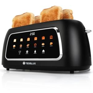 Tesslux 4 Slice Toaster with Touch Screen Control, 1.5" Wide Long Slots, 6 Browning Levels & 6 Bread Types, Digital Timer, Memory, Defrost, Reheat (BLACK)