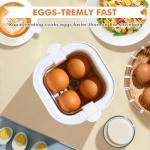 Kawu Egg Cooker, 6-in-1 Electric Rapid Egg Poacher for Hard Boiled Eggs, Yogurt, Custard, 12H Delay Start & Auto Off, Portable Breakfast Maker with Stainless Steel Bowl, 4 Eggs