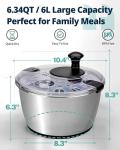 SveBake Stainless Steel Salad Spinner, 6.34Qt Large Lettuce Dryer, BPA-Free Vegetable & Fruit Washer with Drain, Easy Clean Bowl, Non-Slip Base, Transparent Lid