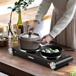 CUSIMAX Double Hot Plates Electric Burner, 1800W Countertop Cooktop with Adjustable Temperature Control, Hot Plates for Cooking Portable Electric Stove, Black Stainless Steel Cooktop, Upgraded Version