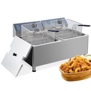 Dual 11L Commercial Deep Fryer | 3400W High-Power System with Oil Filtration & Adjustable XL Baskets & Lid | 201 Stainless Steel Construction for Food Trucks, Catering & Restaurant Use