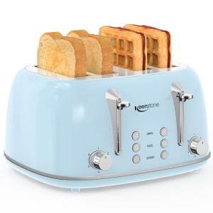 Keenstone Toaster 4 Slice, Retro Stainless Steel Wide Slot Toaster with Dual Independent Controls, 6 Browning Levels, Bagel, Defrost, Reheat & Cancel, Removable Crumb Tray, Blue