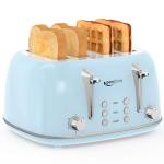 Keenstone Toaster 4 Slice, Retro Stainless Steel Wide Slot Toaster with Dual Independent Controls, 6 Browning Levels, Bagel, Defrost, Reheat & Cancel, Removable Crumb Tray, Blue