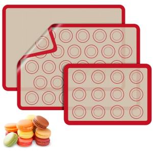 Macaron Silicone Baking Mats, 3 PCS Non Stick Macaroon Mat Silicone for Macarons, Cookie, Pastry, Red