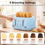 Keenstone Toaster 4 Slice, Retro Stainless Steel Wide Slot Toaster with Dual Independent Controls, 6 Browning Levels, Bagel, Defrost, Reheat & Cancel, Removable Crumb Tray, Blue