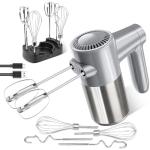 Cordless Hand Mixer, Electric Mixer Handheld Digital Display 7 Speed Rechargeable with 6 Stainless Steel Attachments Whisks Beaters Dough Hooks & Storage Base, Blender for Baking, Eggs, Silver