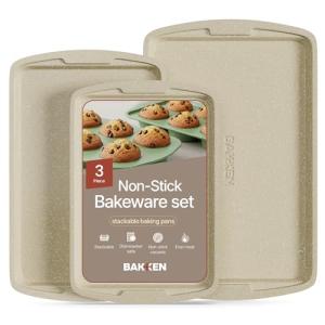 Bakken Swiss Cookie Sheet 3 Piece Set - Non-Stick, Stackable Baking Pans, White marble Deluxe Ceramic Coating – Dishwasher Safe - for Home Baking