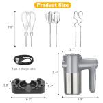Cordless Hand Mixer, Electric Mixer Handheld Digital Display 7 Speed Rechargeable with 6 Stainless Steel Attachments Whisks Beaters Dough Hooks & Storage Base, Blender for Baking, Eggs, Silver