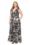 Betsy & Adam Women's Plus Size Sleeveless V Neck Wrap Foil Print Floor Length Dress, Navy/Gold, 14W