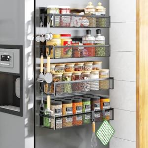 Magnetic Spice Rack Organizer with Hooks – 4 Pack